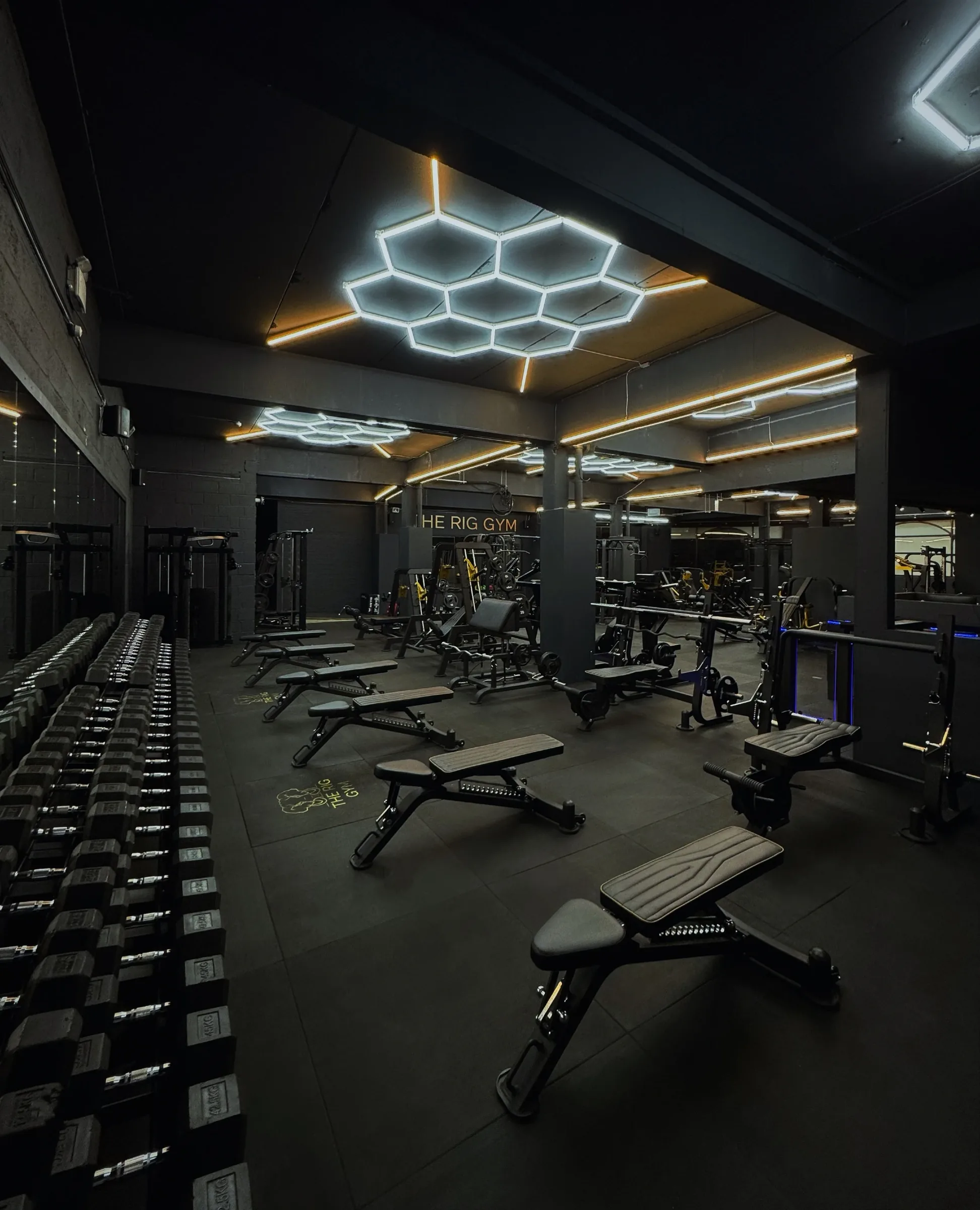 The Rig Gym, Epsom — training floor with hexagonal LED ceiling, dumbbell racks and adjustable benches